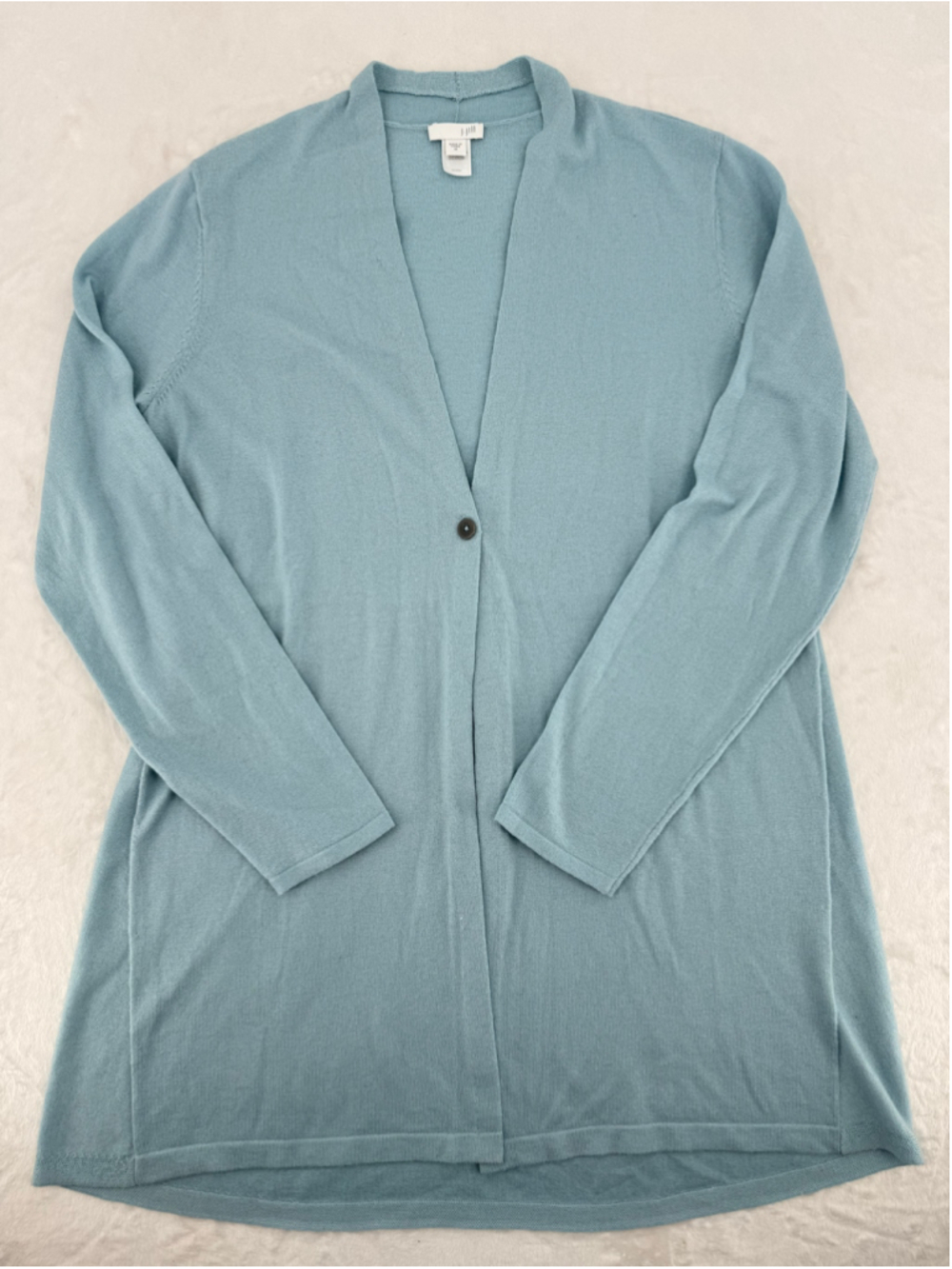 J. Jill Teal Blue Long Cardigan Single Button Lightweight Wool Blend Minimalist